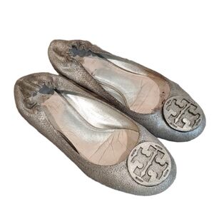 Tory Burch logo  Reva Loafer ballet shoes sz 6M Metallic glitter leather